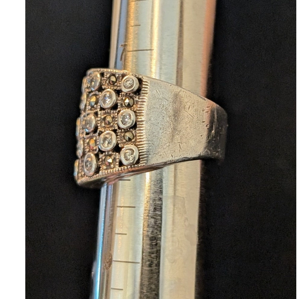 Vtg Sterling Silver 925 Marcasite Cubic Zirconia Wide Band Ring Size 7.5 10.14g