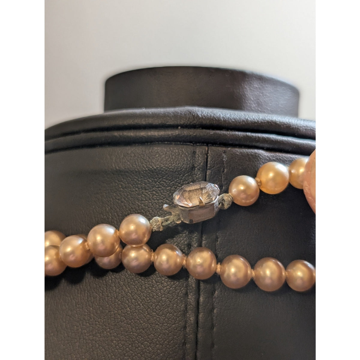 Vintage 58" Long 5-6mm Faux Champagne Pearl Rhinestone Slide In Clasp Necklace