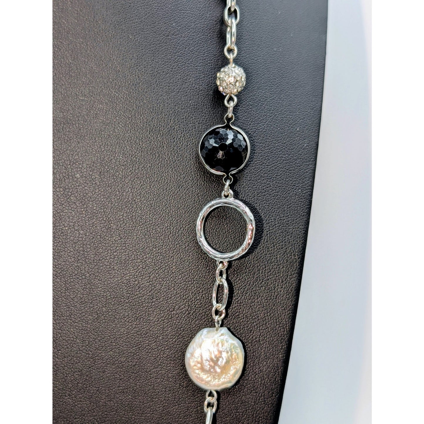 White House Black Market 34"-38" Silver Tone Pearl Crystal  Long Chain Necklace
