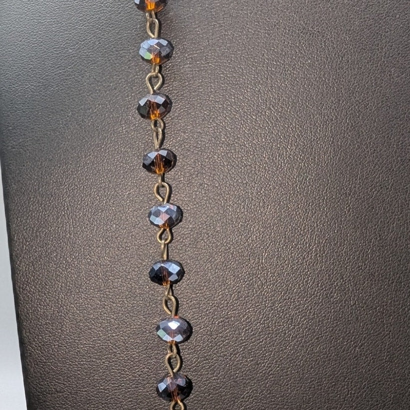 Antiqued Brown Crystal Glass Bead Rosary Chain Bronze Leaf Pendant 36" Necklace