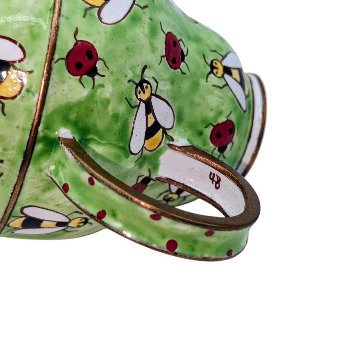 Kelvin Chen Vintage Hand Painted Green Enamel Copper Teapot Ladybugs & Bees