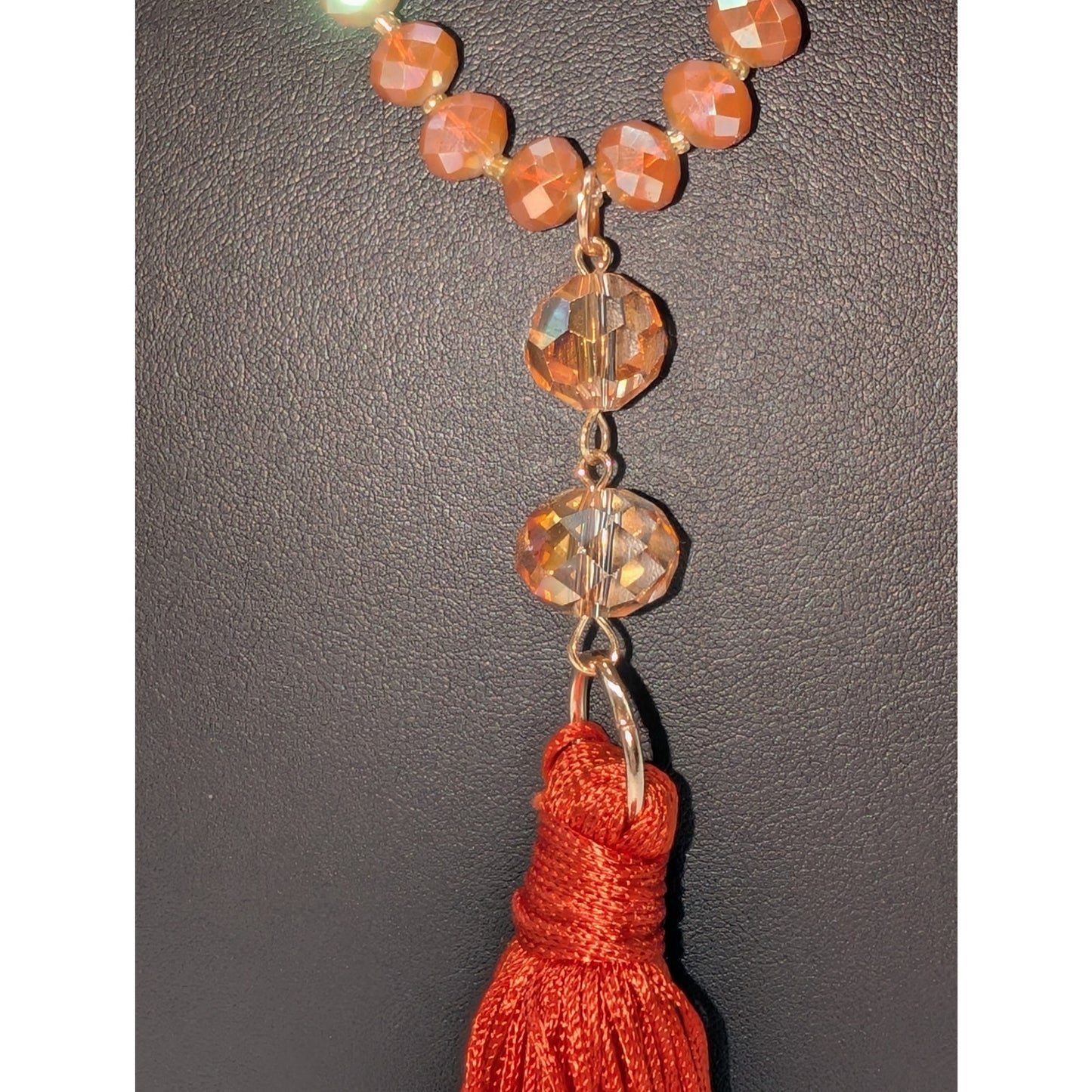 Lot of Two Gold Tone Orange Theme Crystal Tassel Y-Drop Necklaces