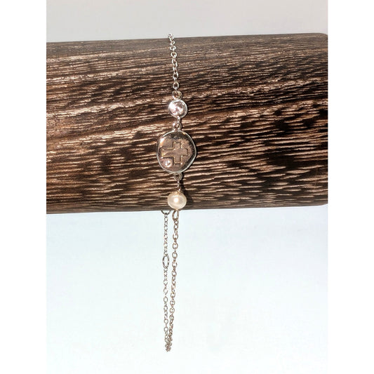 925 Sterling Silver QG Cross Charm Pearl CZ Chain Link Lobster Claw Bracelet