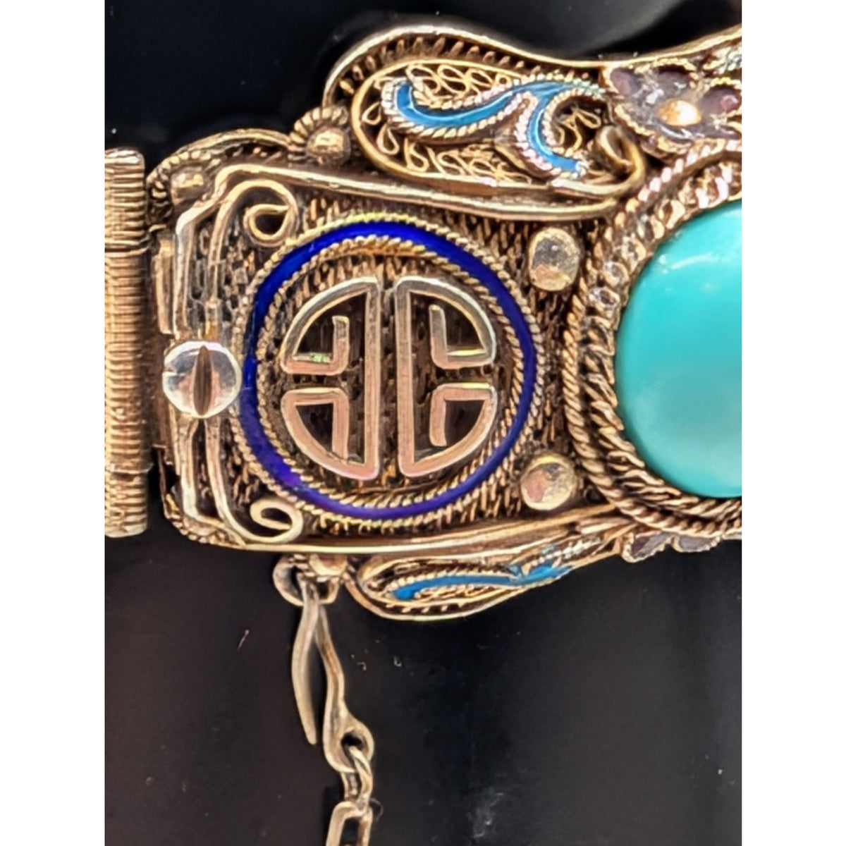 Antique 1900 Chinese Export .900 Silver Gilt Filigree Turquoise Enamel Bracelet