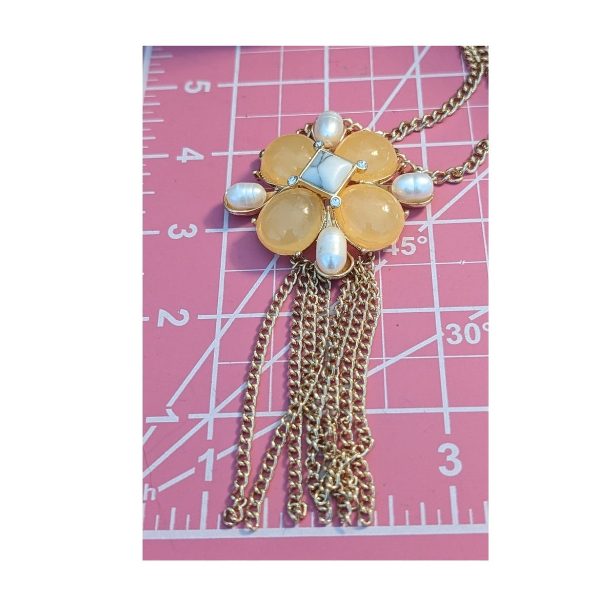 Yellow Gumdrop Pearl Gold Tone Tassel Statement Necklace