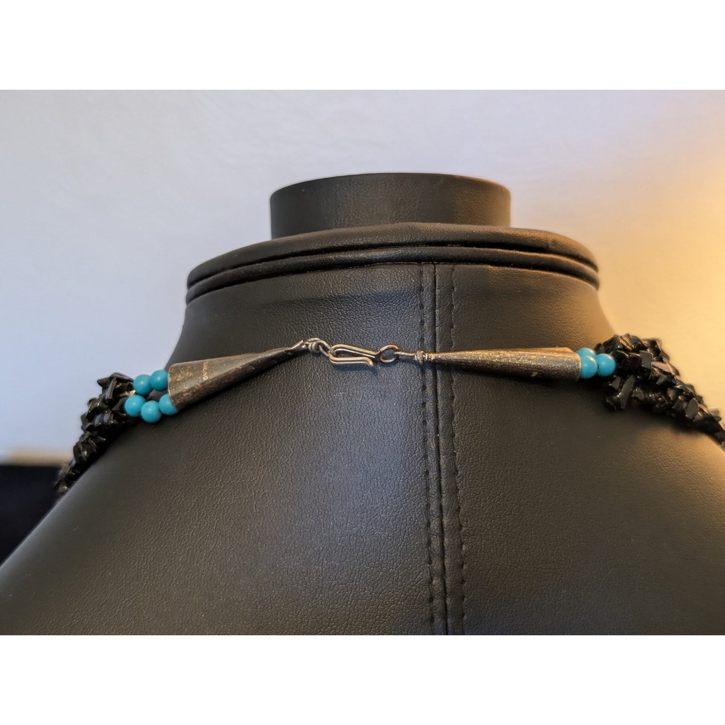 Vintage Southwest 4-Strand Black Stone Chip Bead Necklace W/ Sterling Cone Ends