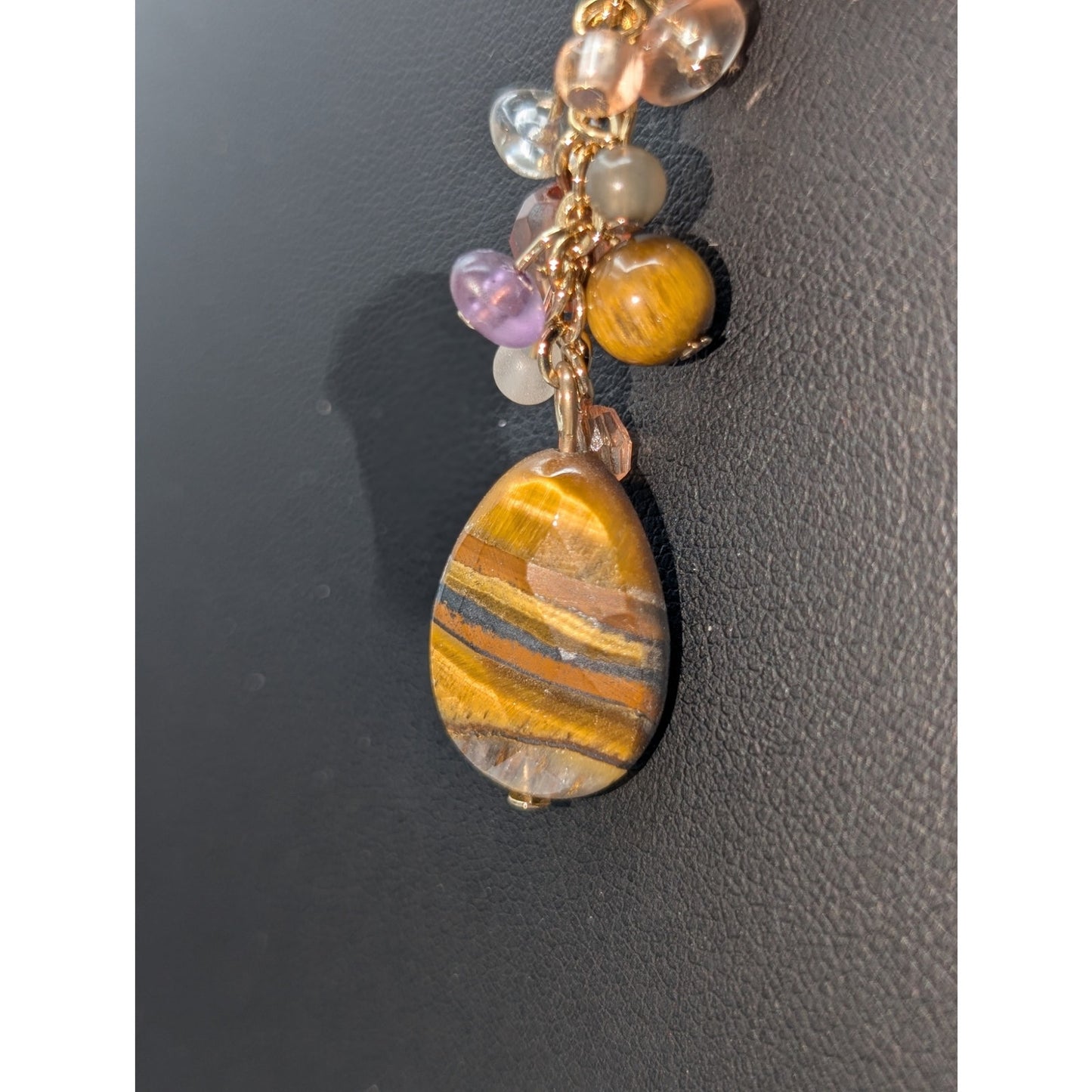 Vintage Avon Tiger's Eye Gold Tone Y Drop Cluster Beaded 16"-19" Necklace