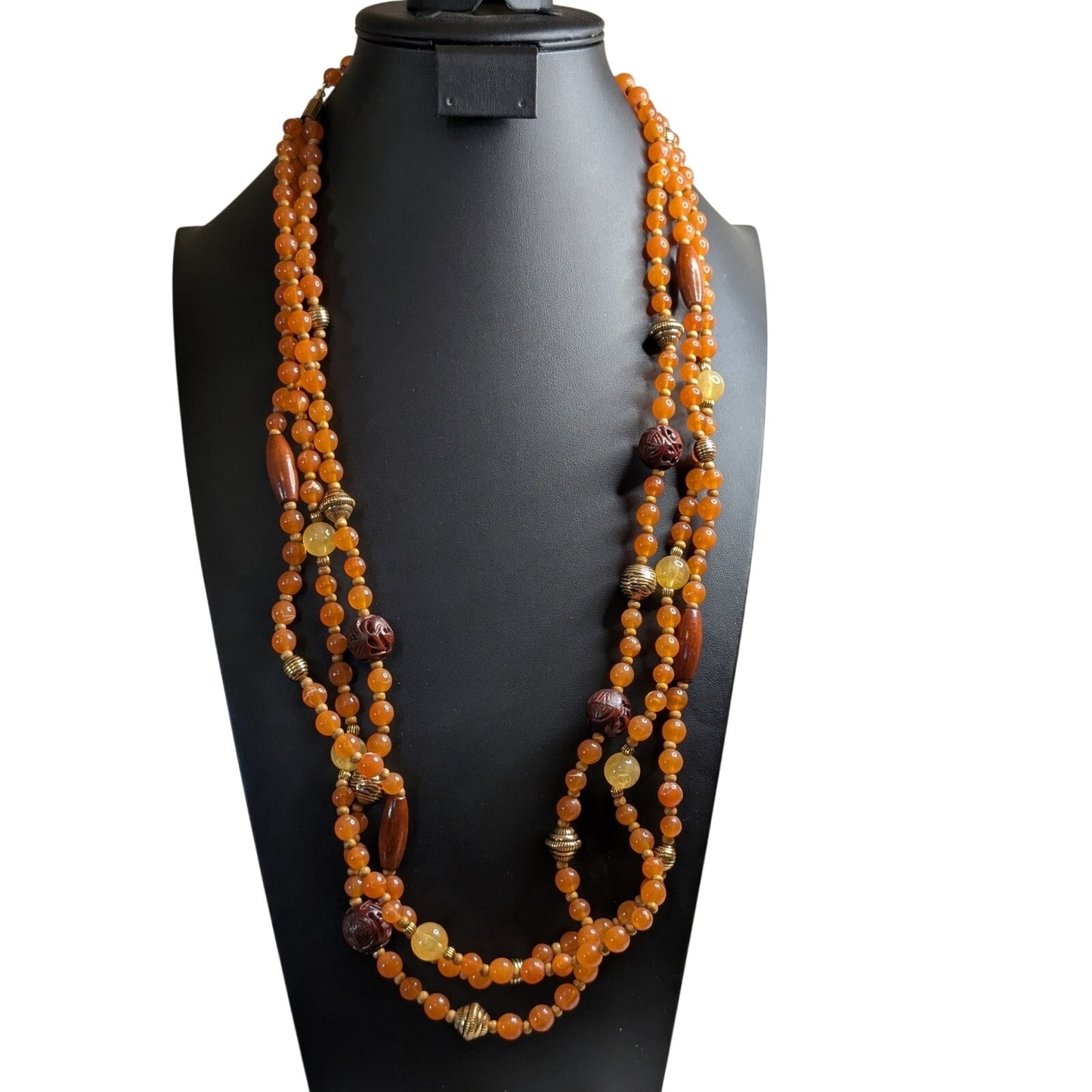 Vintage Signed Avon 3-Strand Faux Amber Carved Cinnabar Wood Bead 35" Necklace