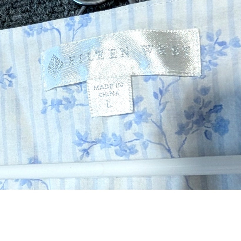 Eileen West Blue Stripe Floral Cotton Button Front 3/4 Sleeve Lace Sleepwear L