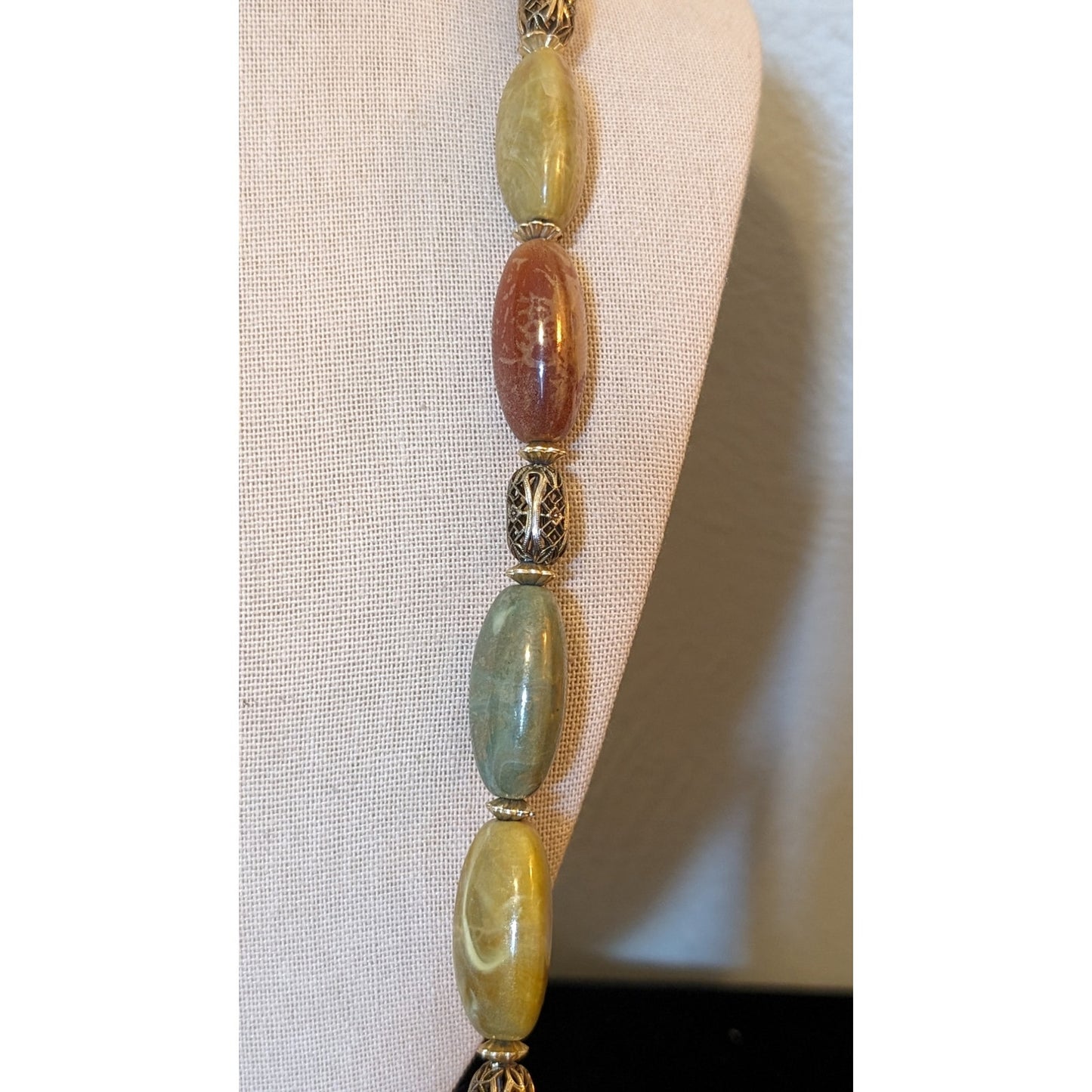 Vintage Earthtone Elongated Acrylic Bead Filigree Spacer Bead 34" Necklace