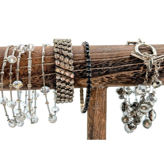 Lot of Eight Silver Tone Crystal Rhinestone Faux Pearl Beaded Bracelets