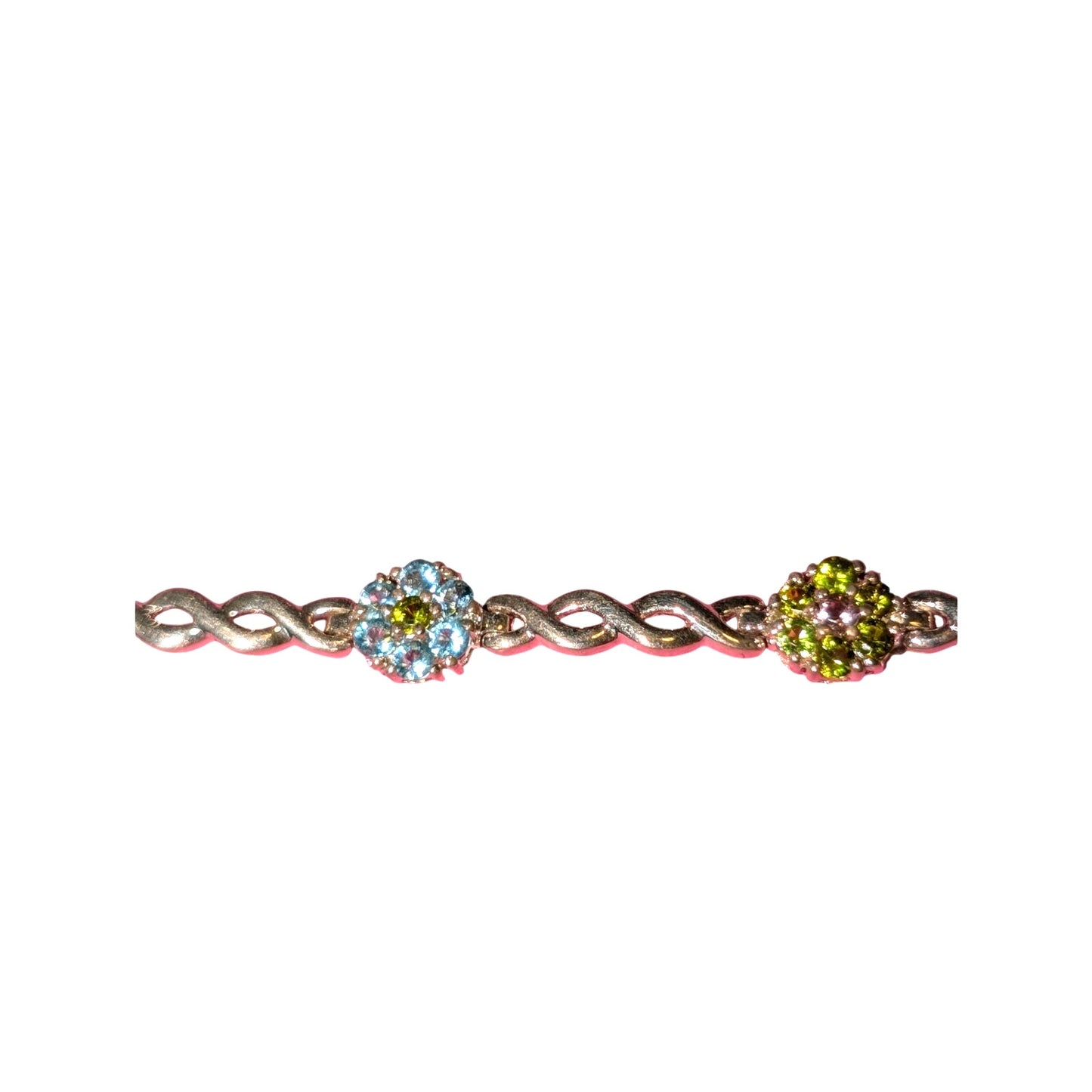 925 Sterling Multi-Color Crystal Flower Cross Over Chain Link Tennis Bracelet