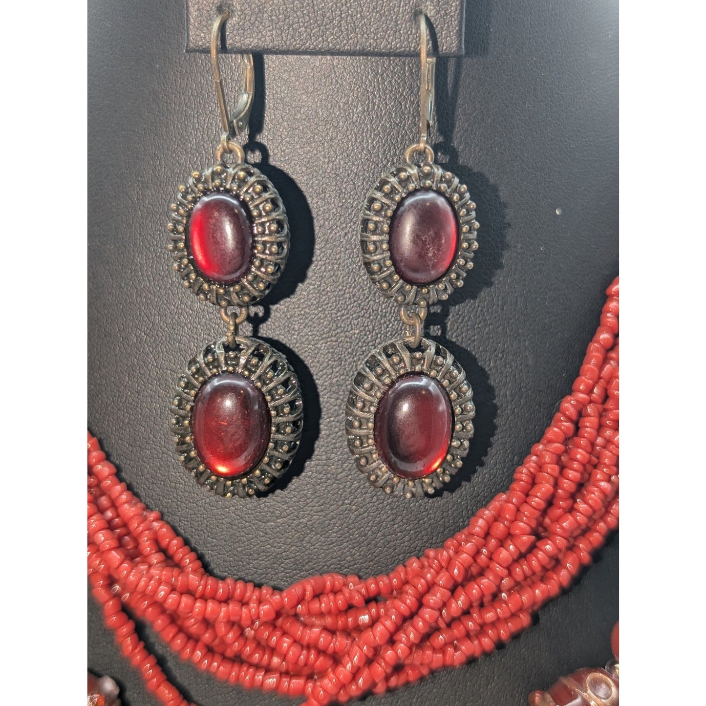 Lot of Boho Cranberry/Brick Color Beaded Necklaces & Earrings