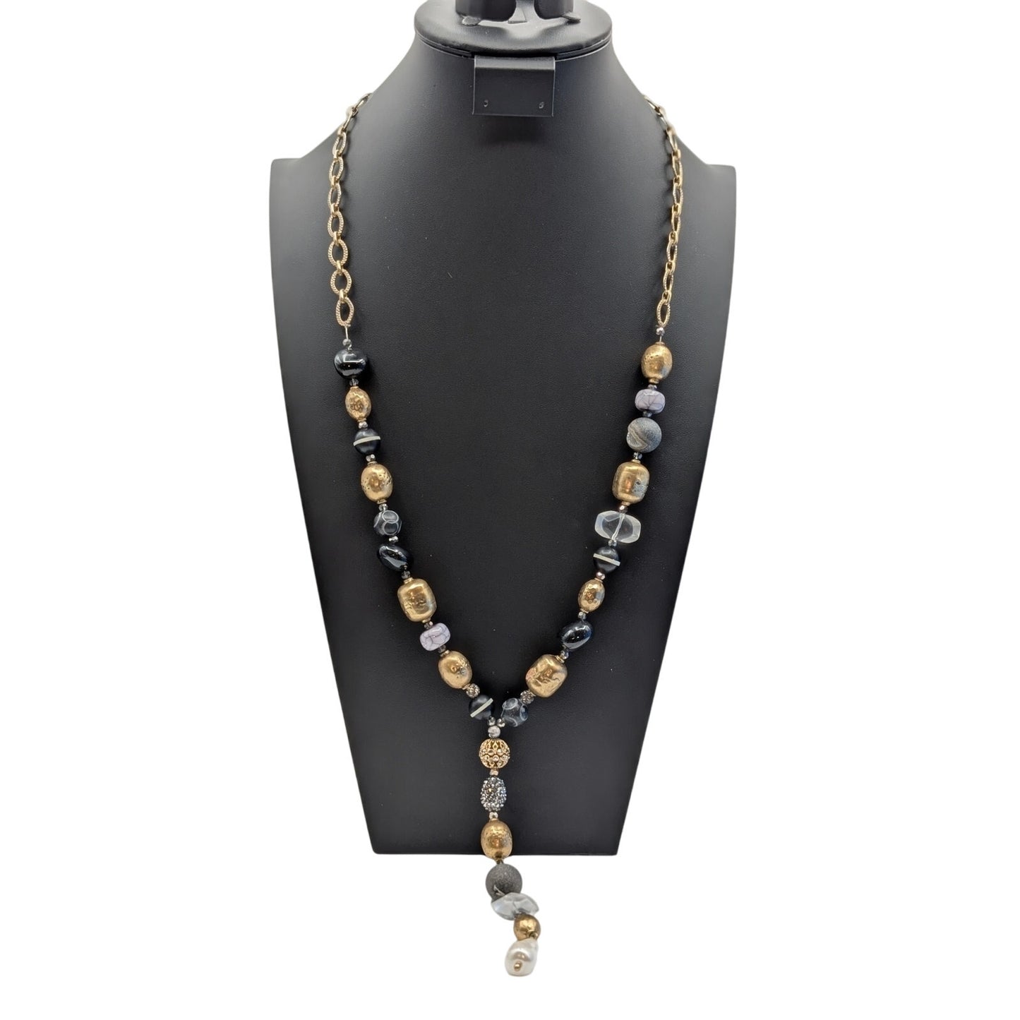Chico's 35" Goldtone Black Gray Multi Bead Y Necklace