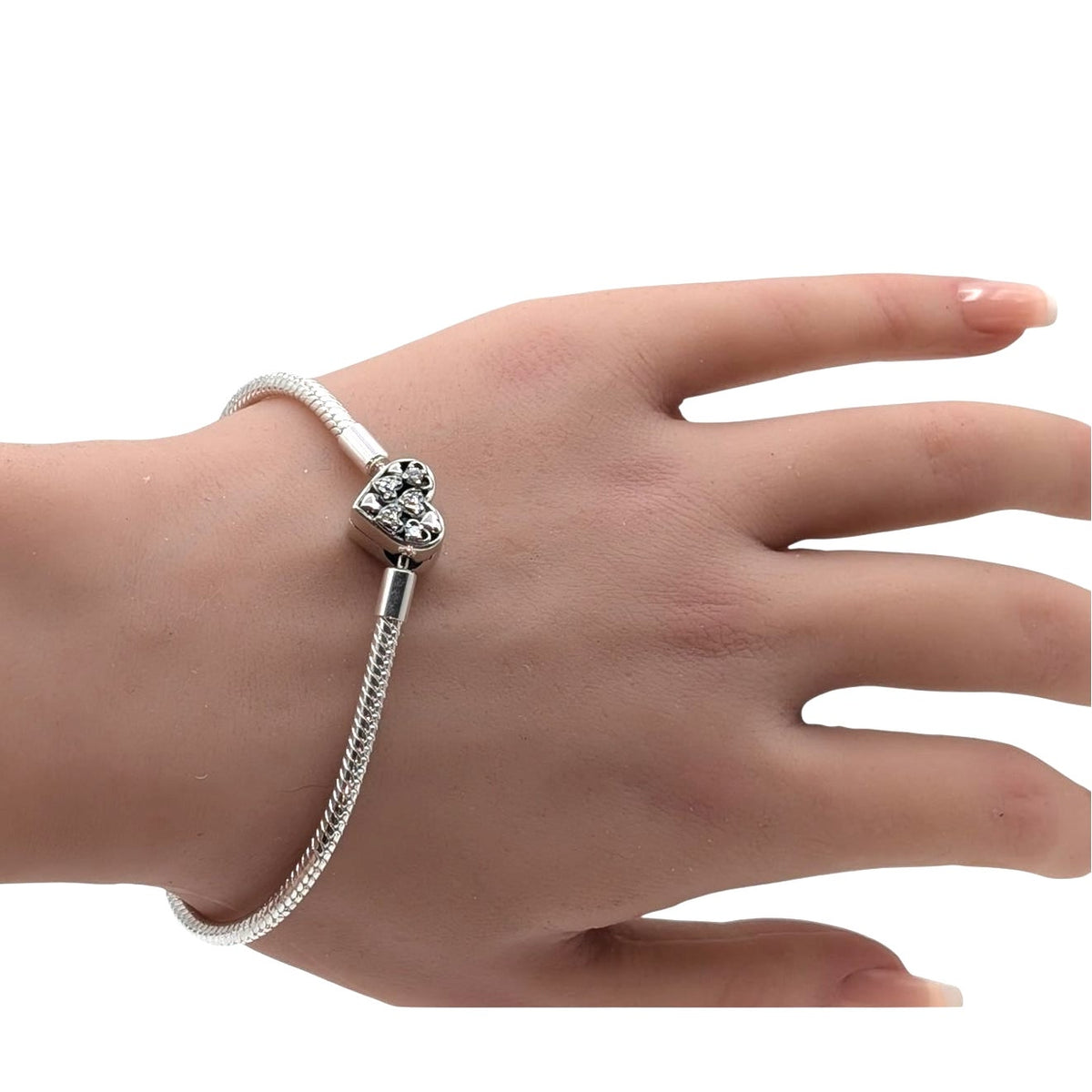 925 Sterling Silver Snake Chain CZ Heart Charm Bracelet