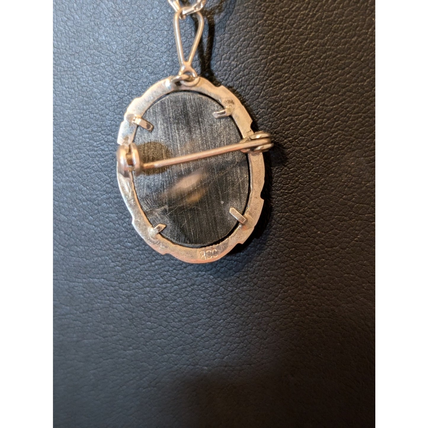 Antique Carved MOP Marcasite Cameo 800 Silver Pendant Pin Chain Necklace