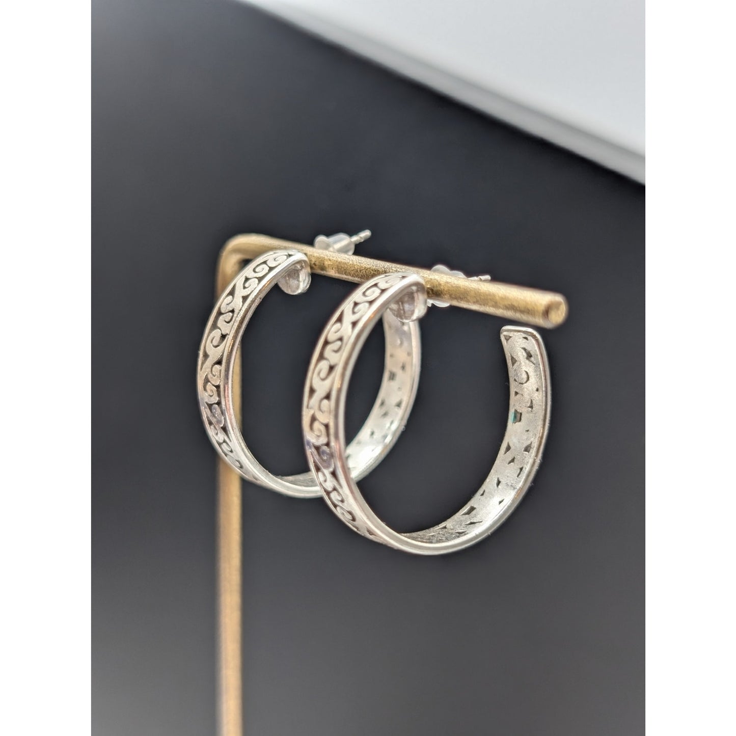 Silver Plated Cut Out Design 3/4 Hoop Earrings