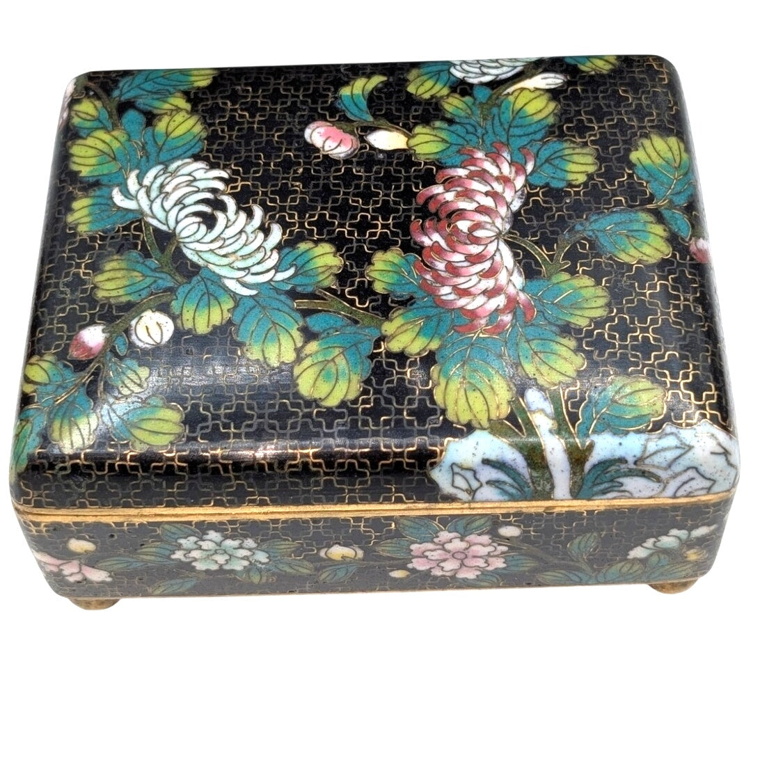 Antique Small Chinese Black Cloisonne Brass Footed circa 1900 Hinged Trinket Box