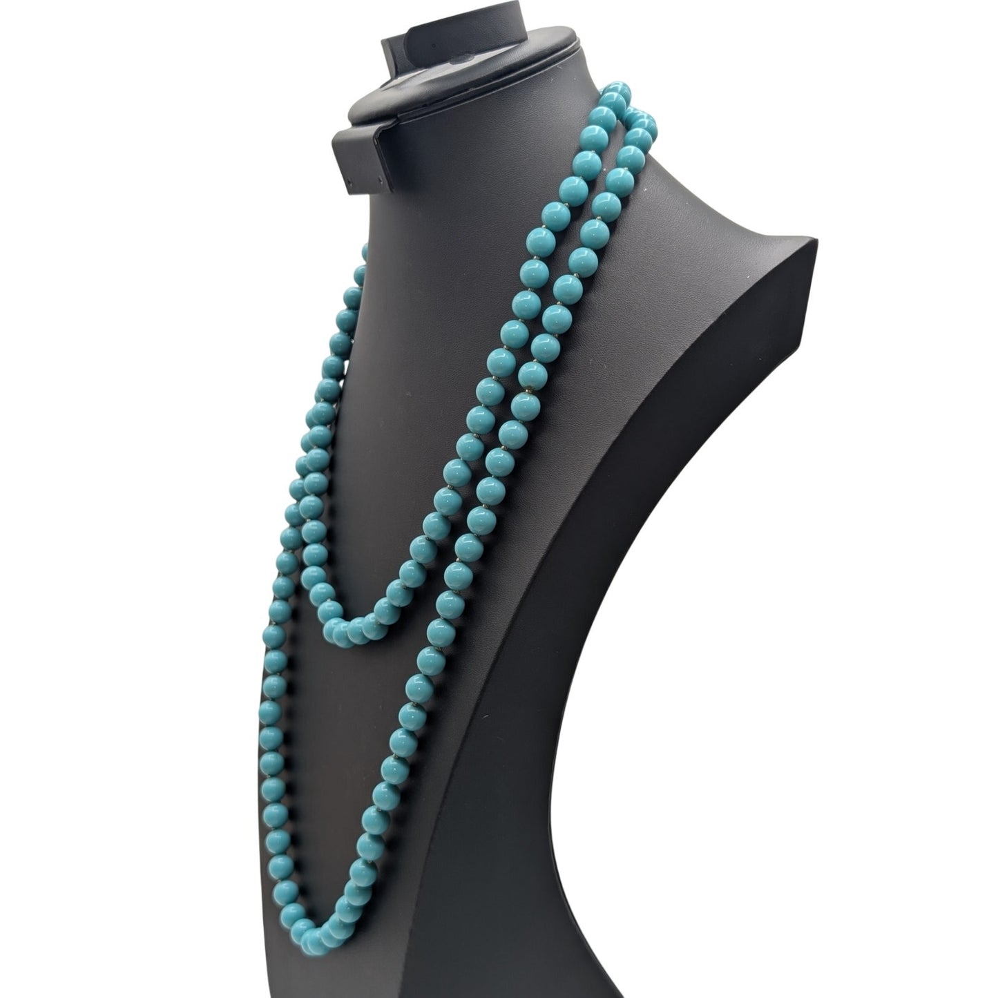 VTG Crown Trifari 10mm Turquoise Color Acrylic & Silver Tone Beaded 60" Necklace