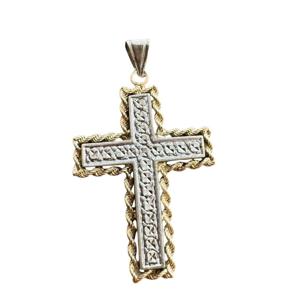 Peru 925 Sterling 1/3 10K Yellow Gold Two Tone Cross Pendant Chain 18" Necklace