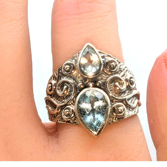 Two Blue Topaz Teardrop 925 Sterling Silver Swirl Ring W/ Bali Vibes Size 8.75