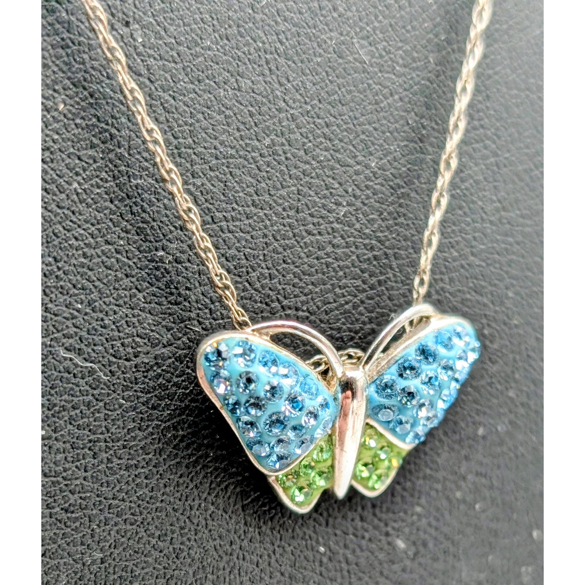 Sterling Silver Blue Green Crystal Butterfly Pendant Vintage Chain 21" Necklace