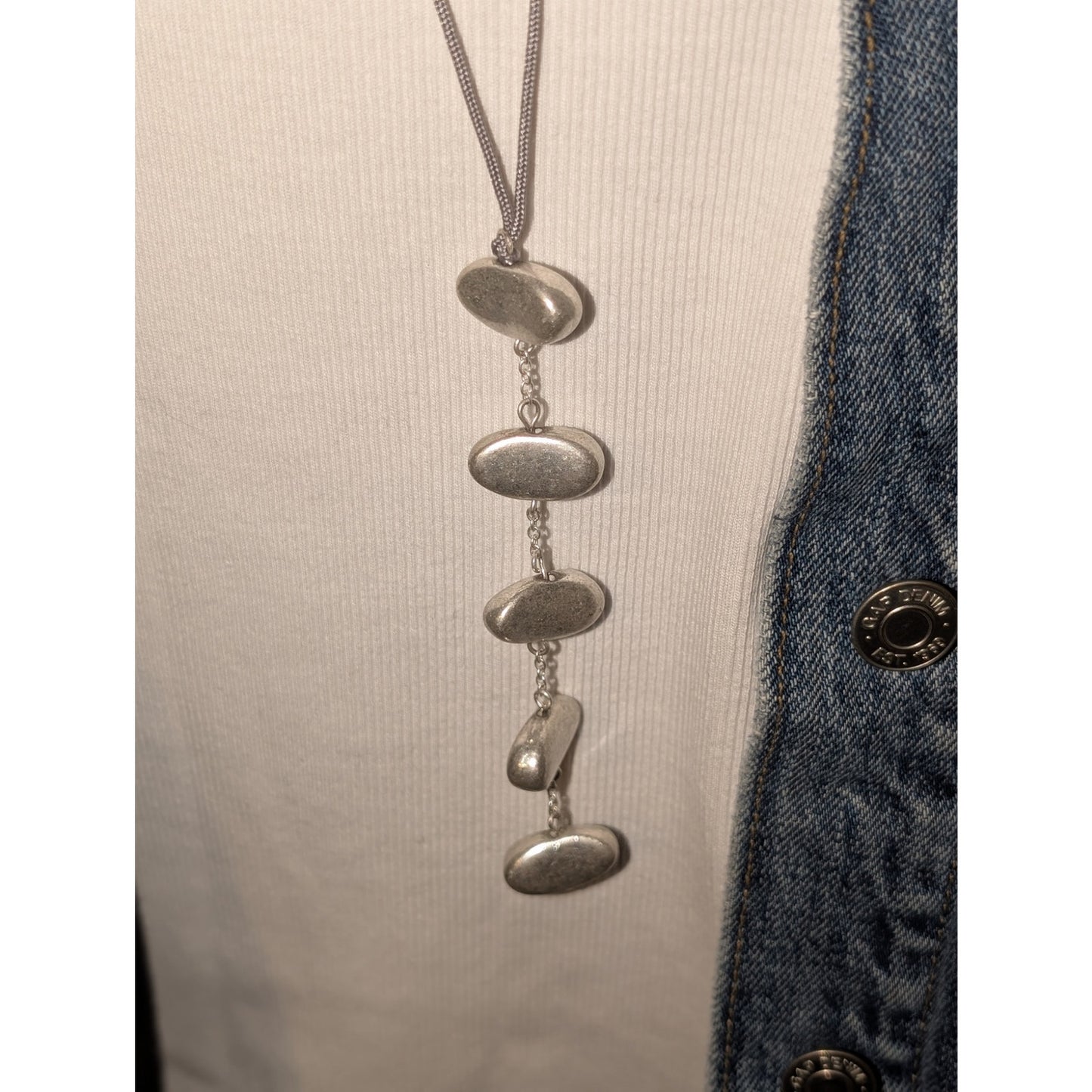 Long 30"-33" Silver Tone Beaded Station Corded Long Dangle Necklace