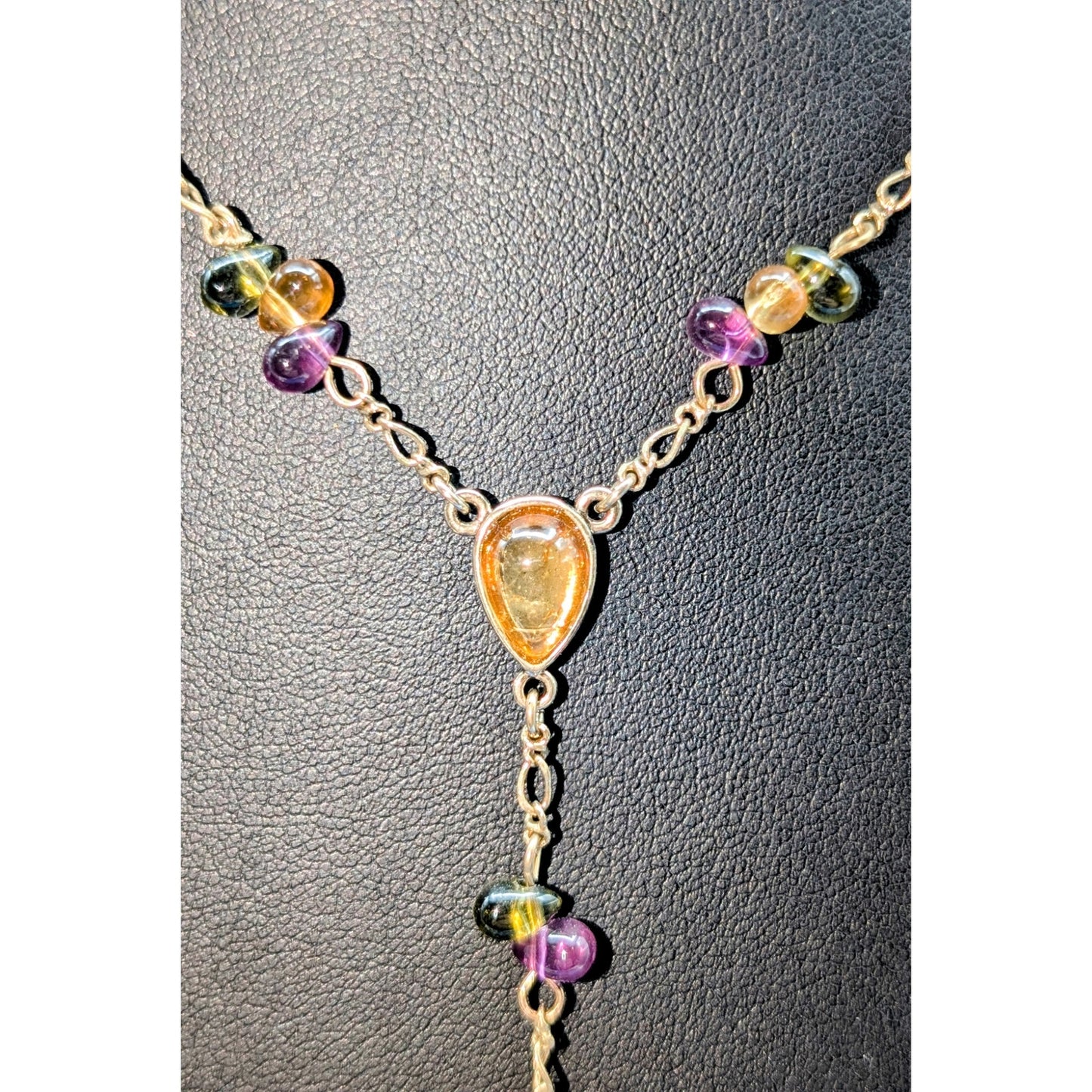 Gold Tone Purple Green Gold Glass Teardrop Bead Y Dangle 16.5" Necklace