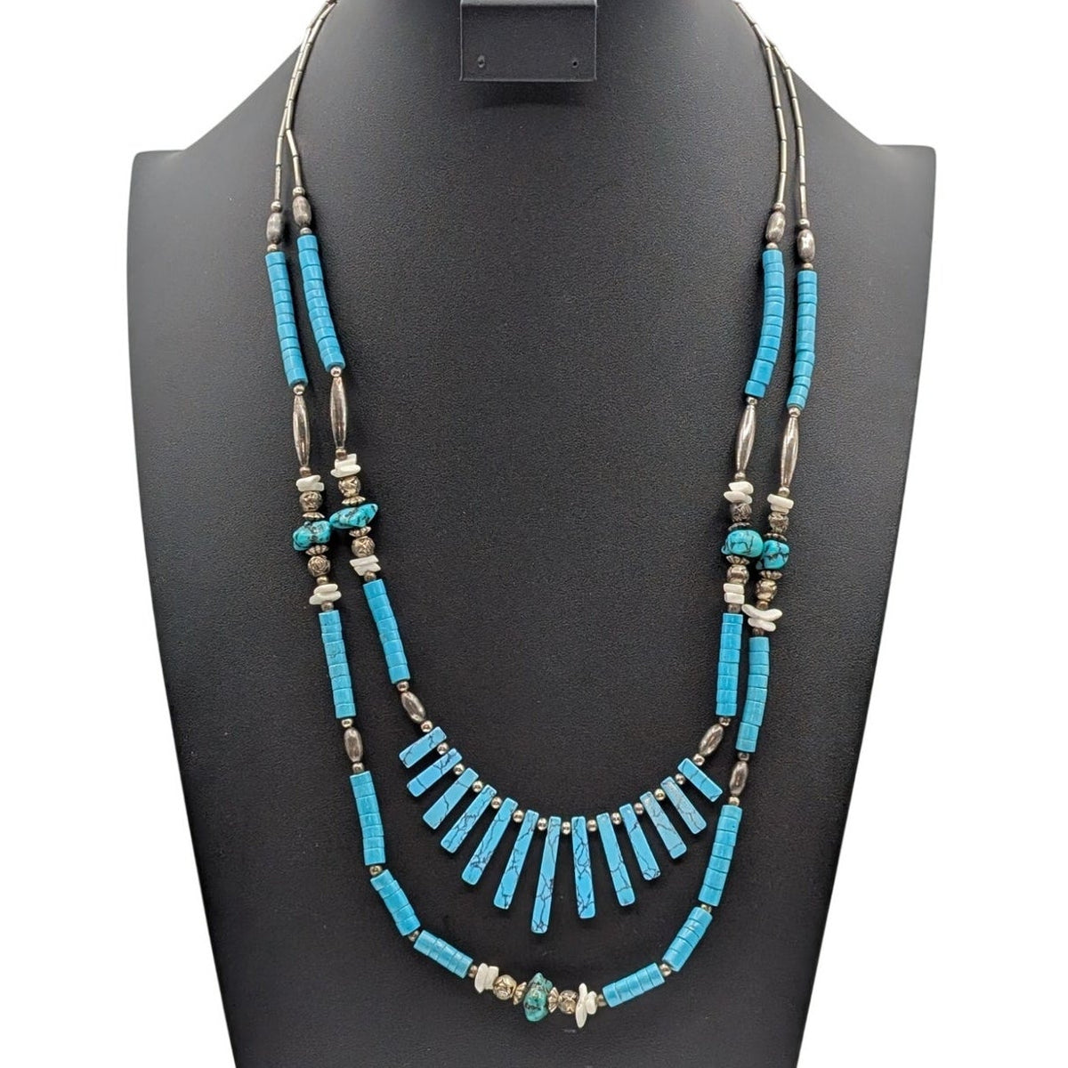 1970s Native American Liquid Silver Turquoise Double Strand Beaded Necklace