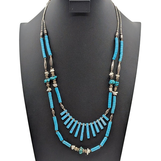 1970s Native American Liquid Silver Turquoise Double Strand Beaded Necklace