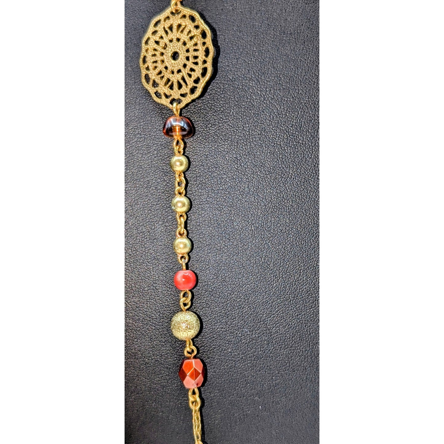Avon Gold Tone Filigree Metallic Glass Warm Tone Beaded Station Chain Necklace