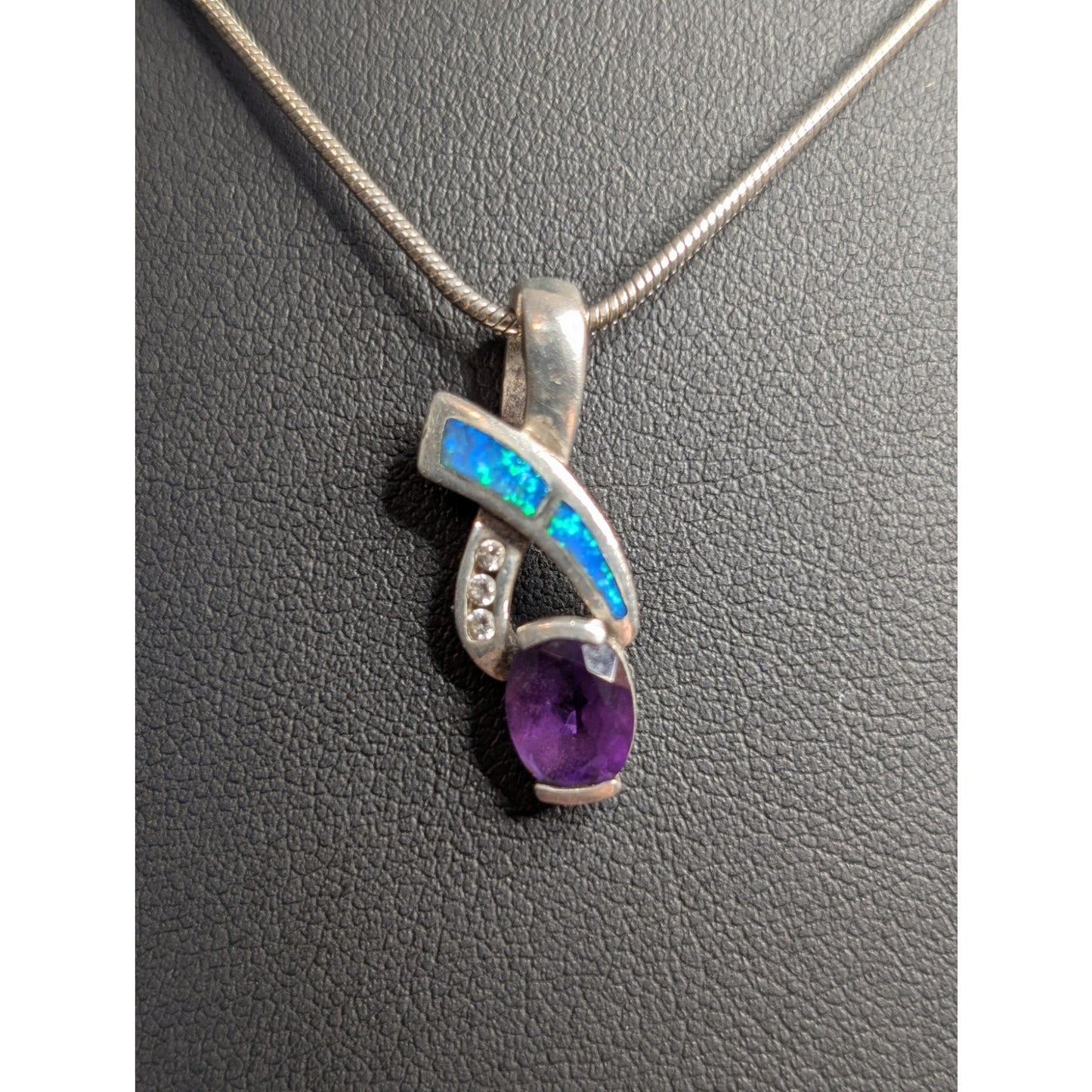 AK Atasay Kuyumculuk Sterling Opal Inlay Amethyst Clear Stone Pendant Necklace