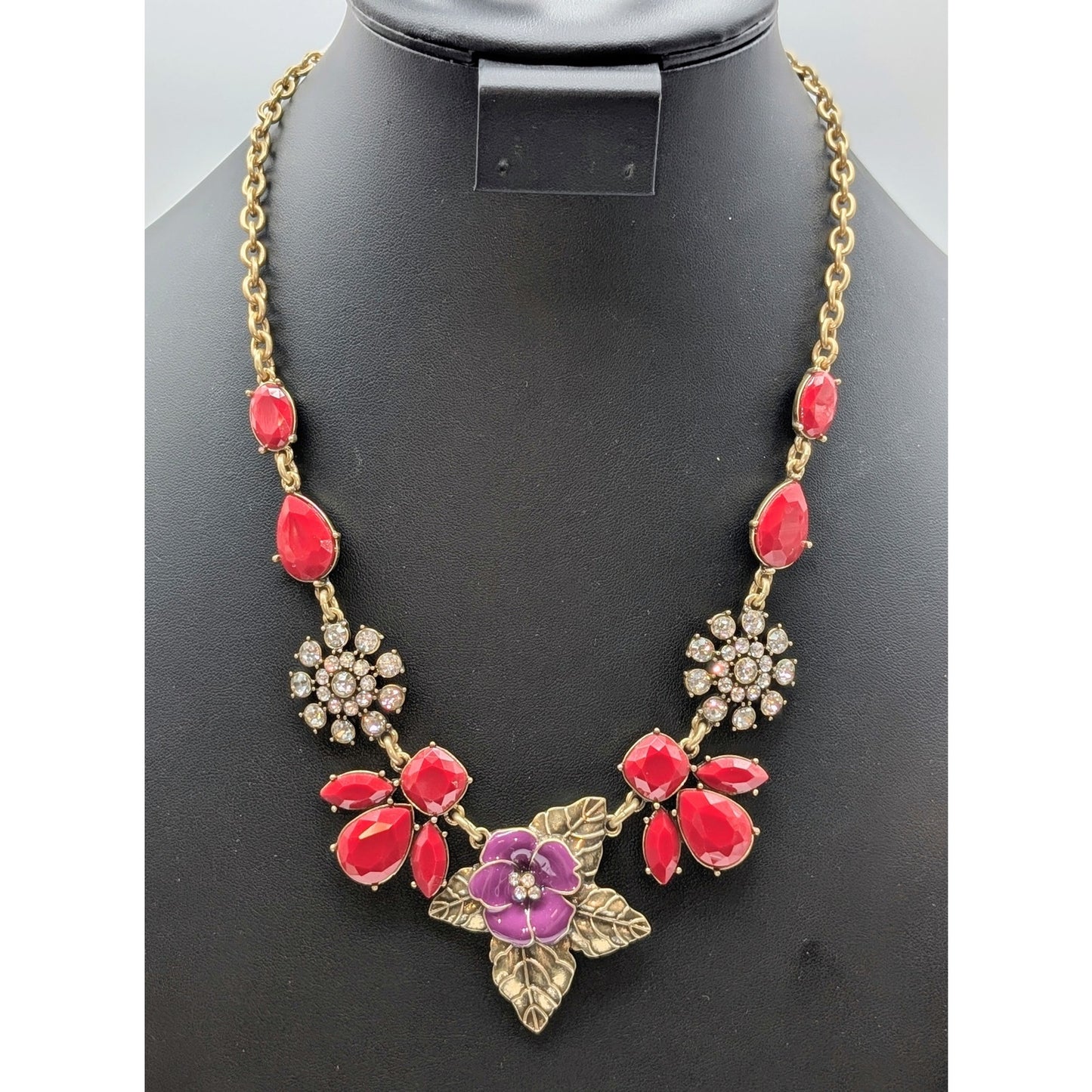 The Delta Box Red Bead Rhinestone Purple Enamel Flower Statement Necklace