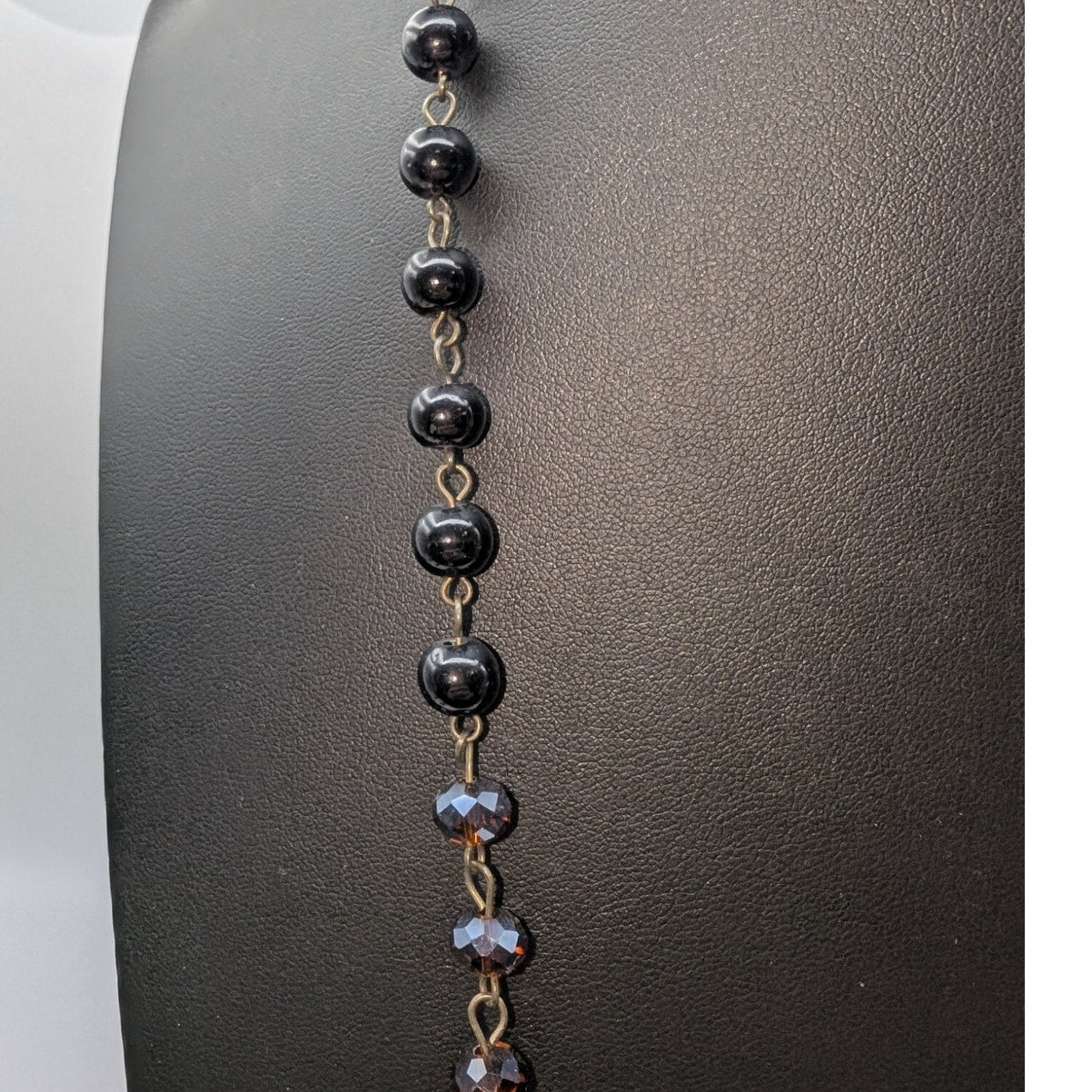 Antiqued Brown Crystal Glass Bead Rosary Chain Bronze Leaf Pendant 36" Necklace