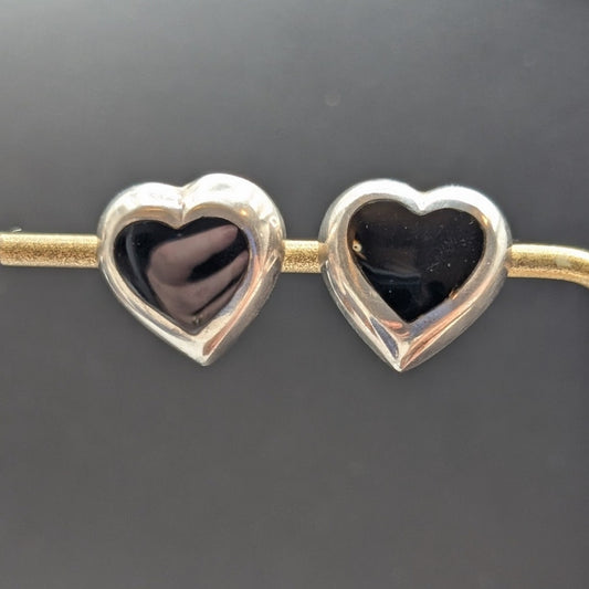 Vintage 925 Sterling Silver Thick Black Onyx Heart Post 3/4" Earrings
