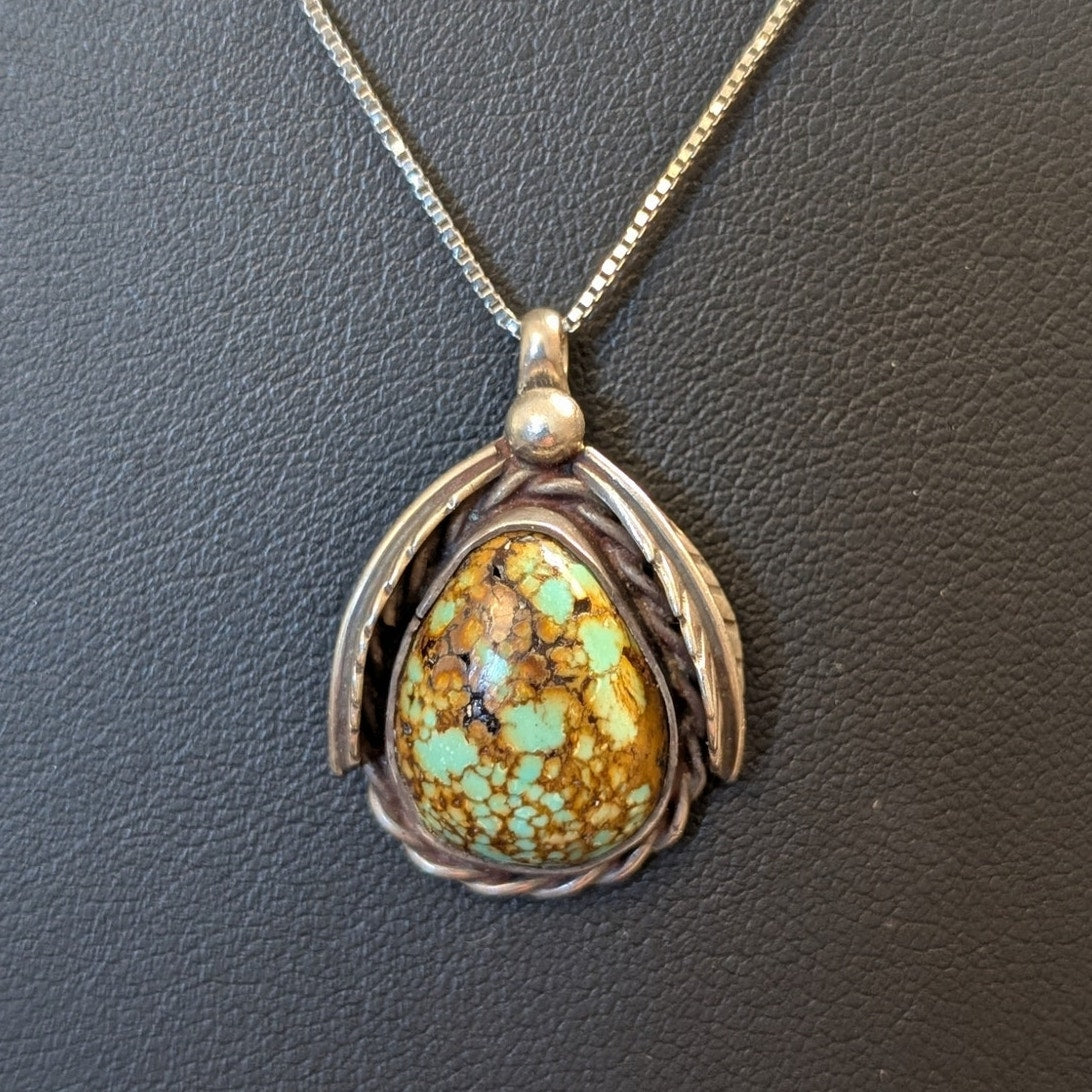 VTG 925 Sterling Navajo Brown Web Pear Shape Turquoise Leaf Pendant Necklace