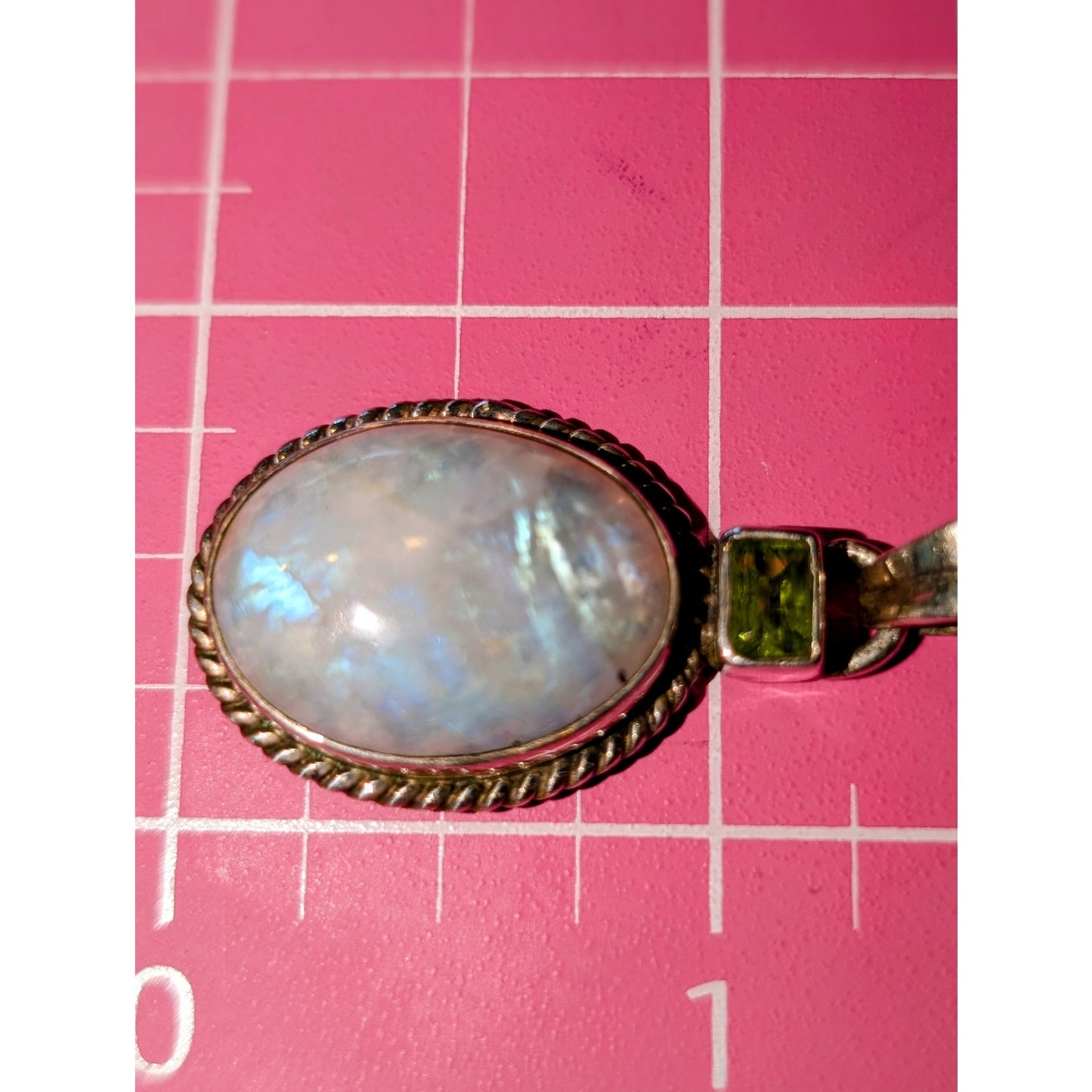 Vintage Sterling Silver 925 Moon Stone & Peridot Pendant Rope Chain 18" Necklace