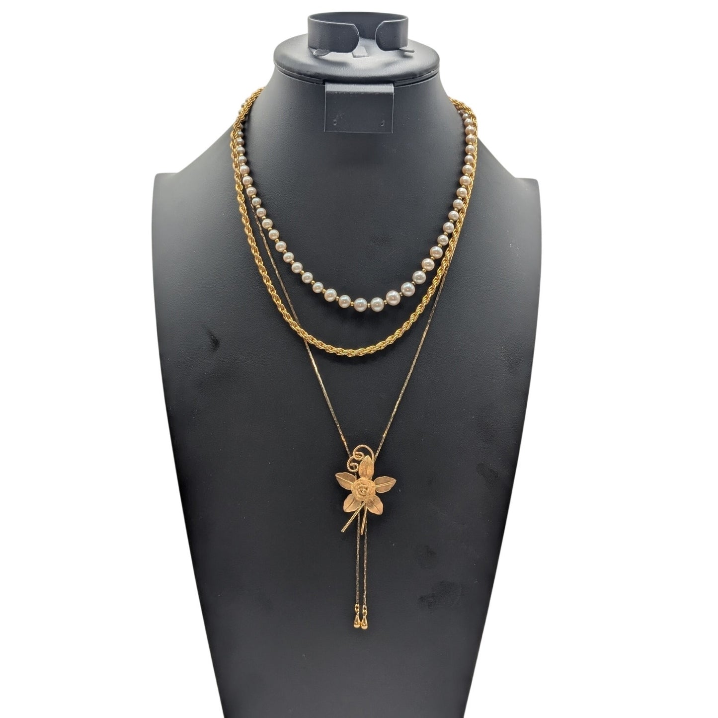 Lot of Three Gold Tone Vintage Necklaces-Mesh Flower Lariat Chain Faux Pearl