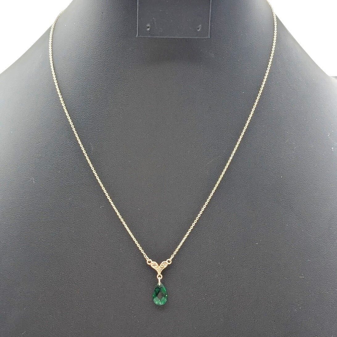 925 Sterling Silver Green Crystal Teardrop CZ 'Y Drop' Pendant 19" Necklace