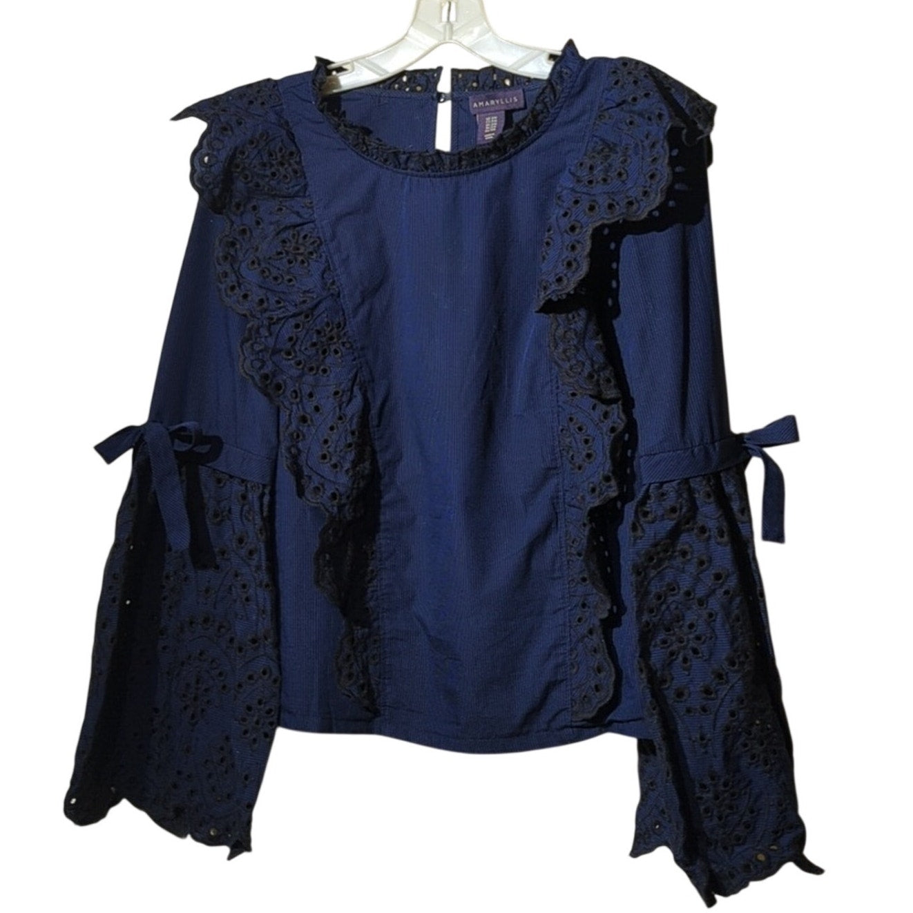 Amaryllis Navy/Black Striped Eyelet Ruffle Bell Sleeve Blouse Women's Sz S/M