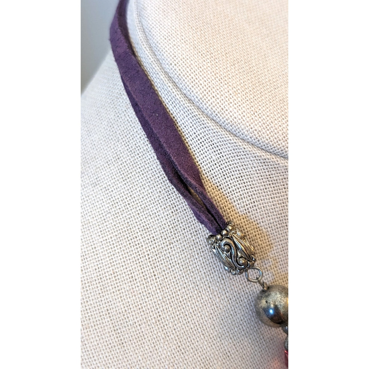 Purple Leather Corded Silvertone Enamel Fuschia Beaded Necklace & 1 Earring