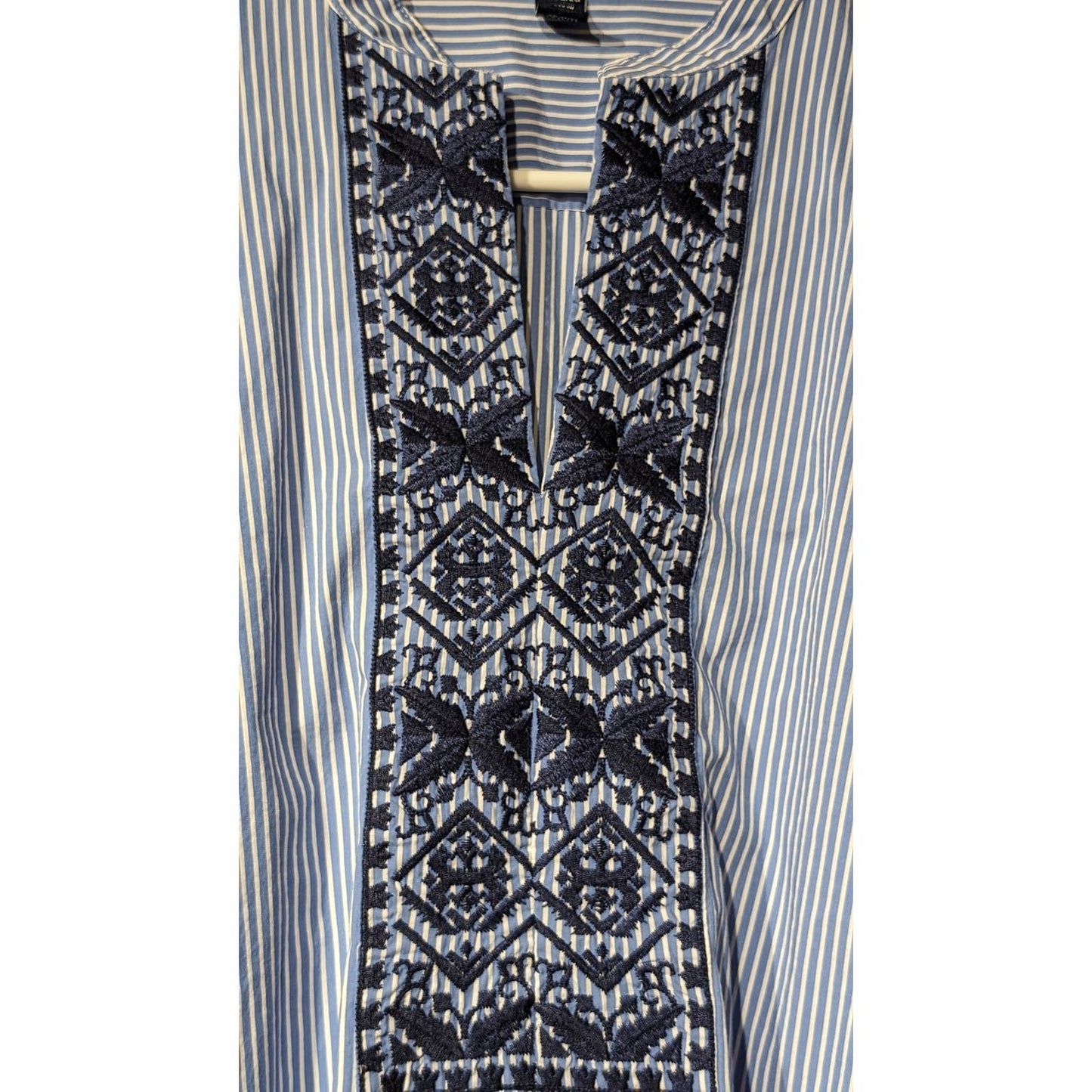 CHAPS Denim Blue Striped Embroidered Placket V-Neck Tunic Top Womens Sz XL