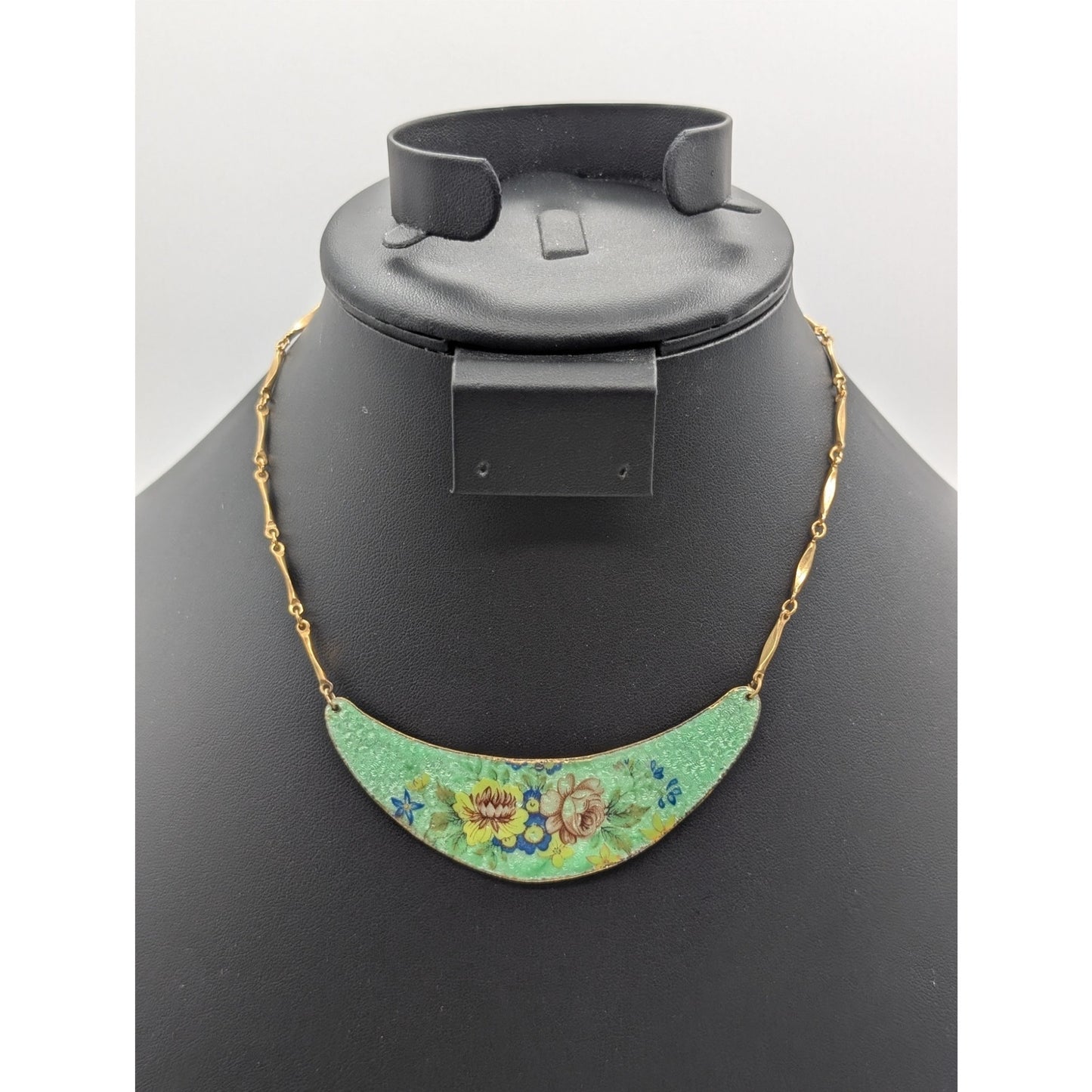 Vintage Gold Tone Green Hand Painted Enamel Choker 15" Necklace