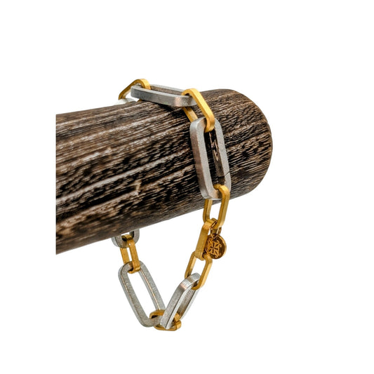 RC Rustic Cuff Bracelet Oval Bar Link Signed Two Tone Metal Bracelet