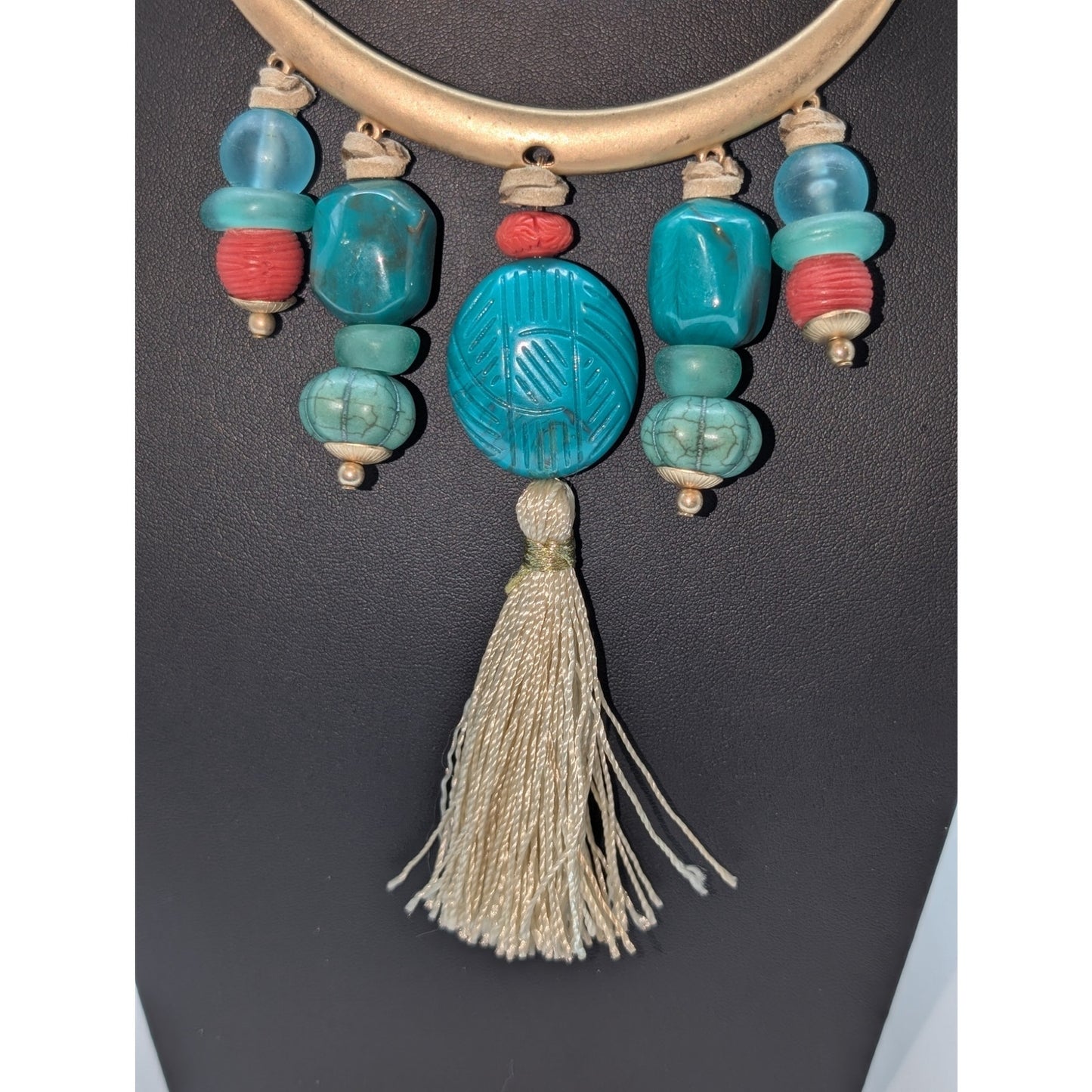 Chico's Gold Tone Faux Turquoise Coral Sea Glass Tassel Bib 15"-18.5" Necklace