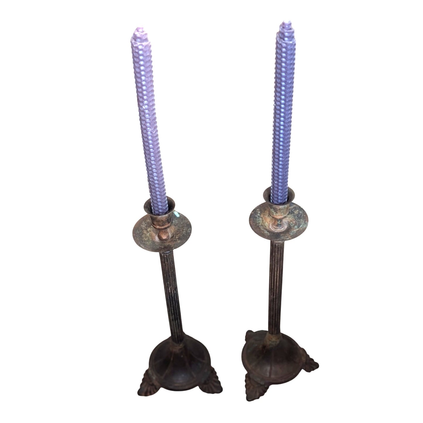 Aged Distressed Patina Pair of Metal Candlestick Holders (Candles Not Included)