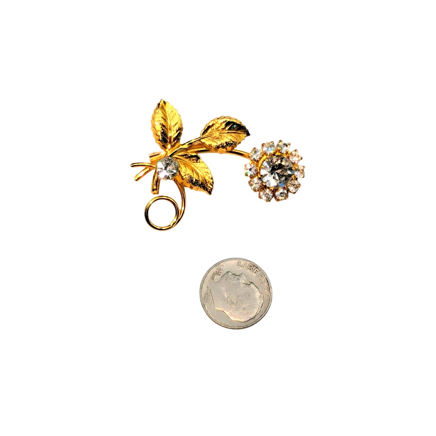 Vintage Gold Tone Clear Rhinestone Flower W/ Leaves Brooch