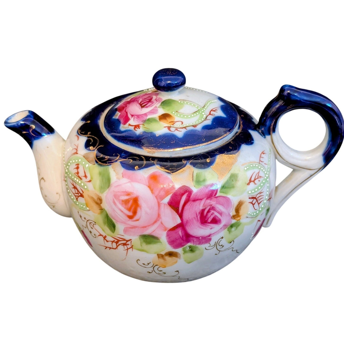 Vintage Nippon Cobalt Blue Cabbage Rose Teapot Two Cups and Two Saucers