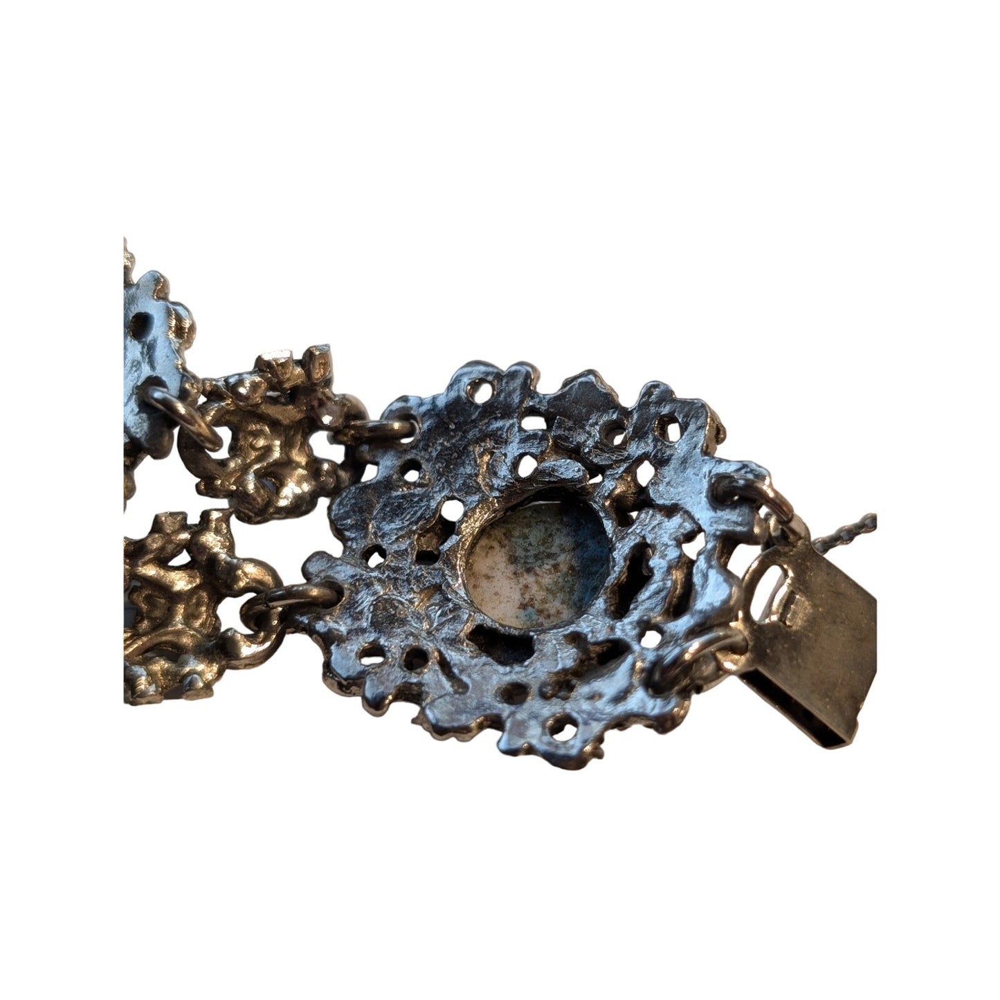 VTG Made in England Blue Stone or Glass Bead Filigree Safety Chain 7" Bracelet