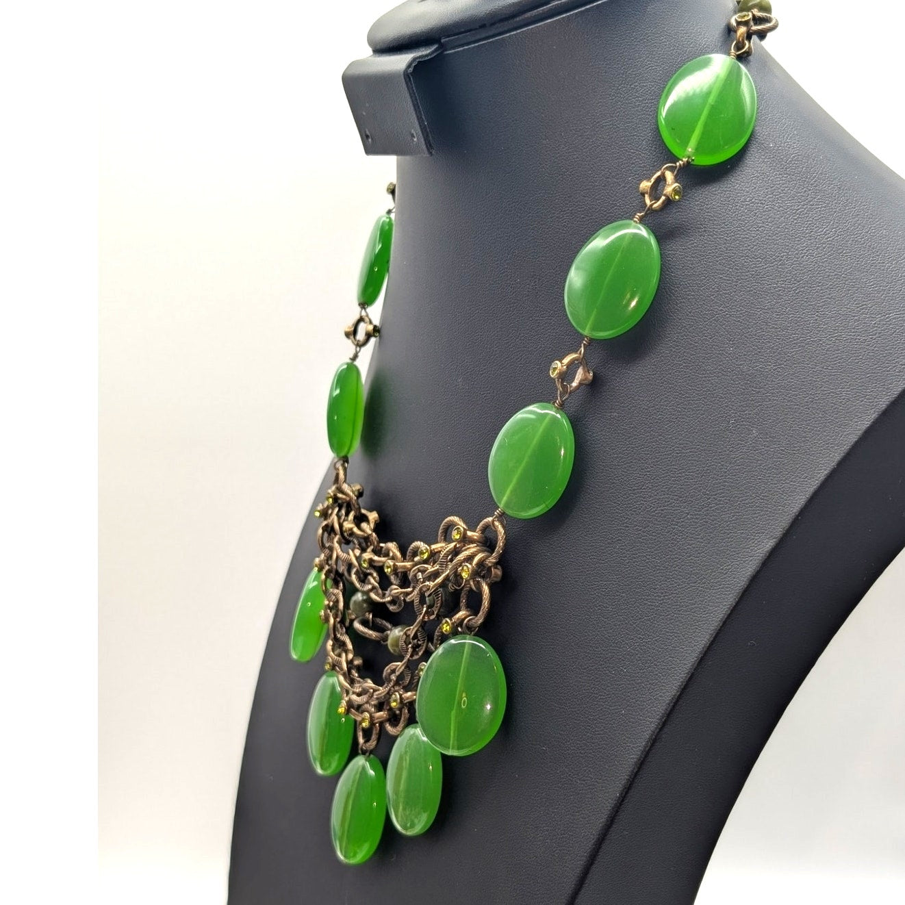 Vintage 80s Marked Kiam Family Glass Brass Rhinestone Stone Necklace